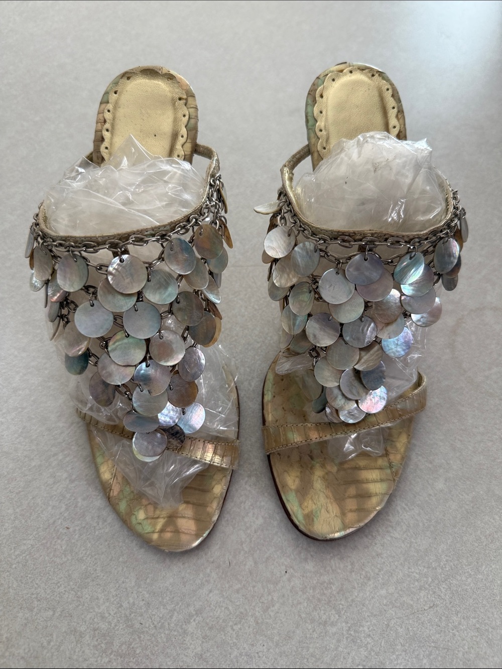 Diva Metallic Gold Heeled Sandals with Iridescent Disc Fringe